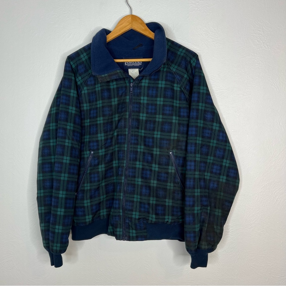 Vintage Lands' End Squall Jacket Plaid Fleece Lined Green Blue Zip Outdoor Sz S